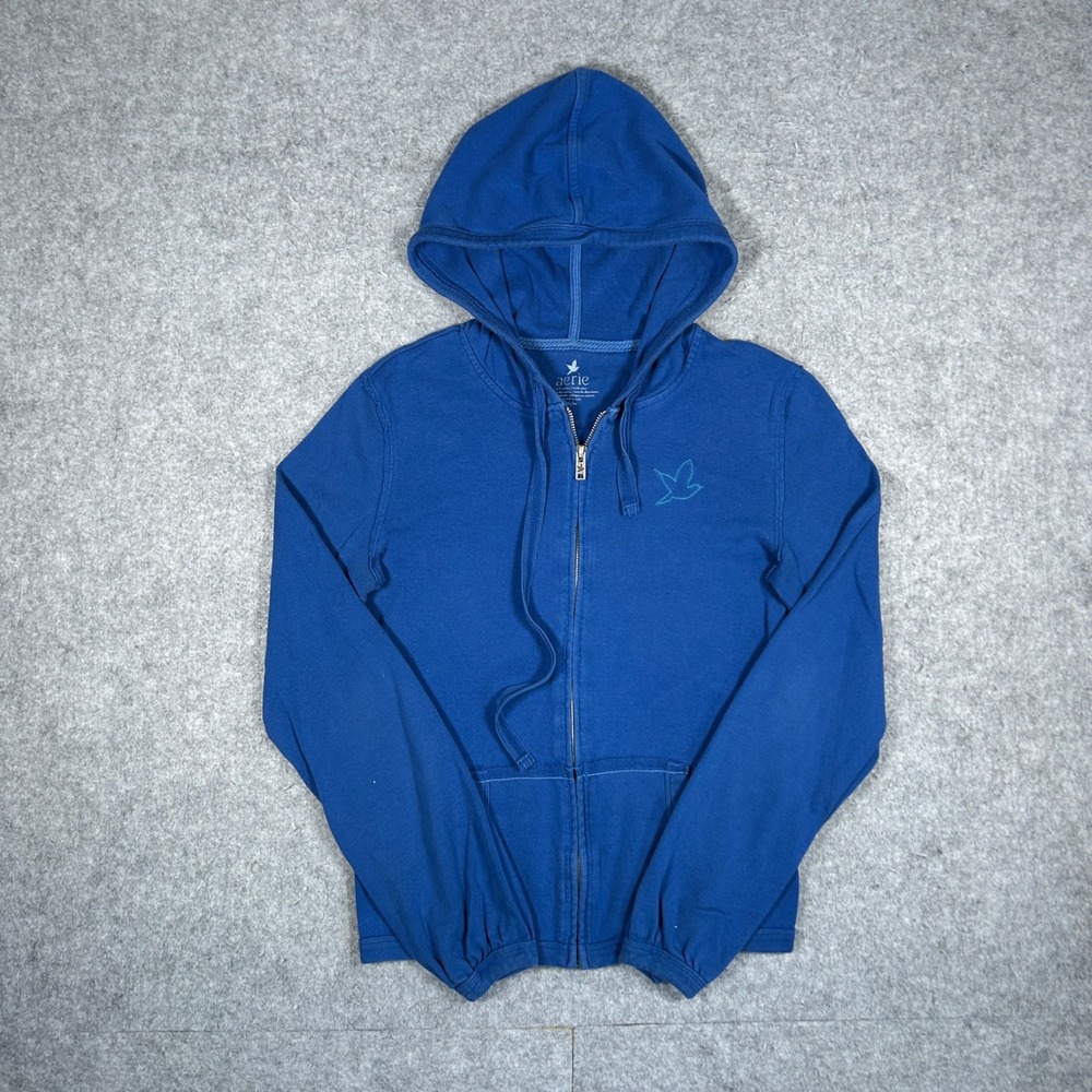 Aerie Hoodie Women Medium Blue Full Zip Bird Logo Loungewear Casual Sporty Comfy